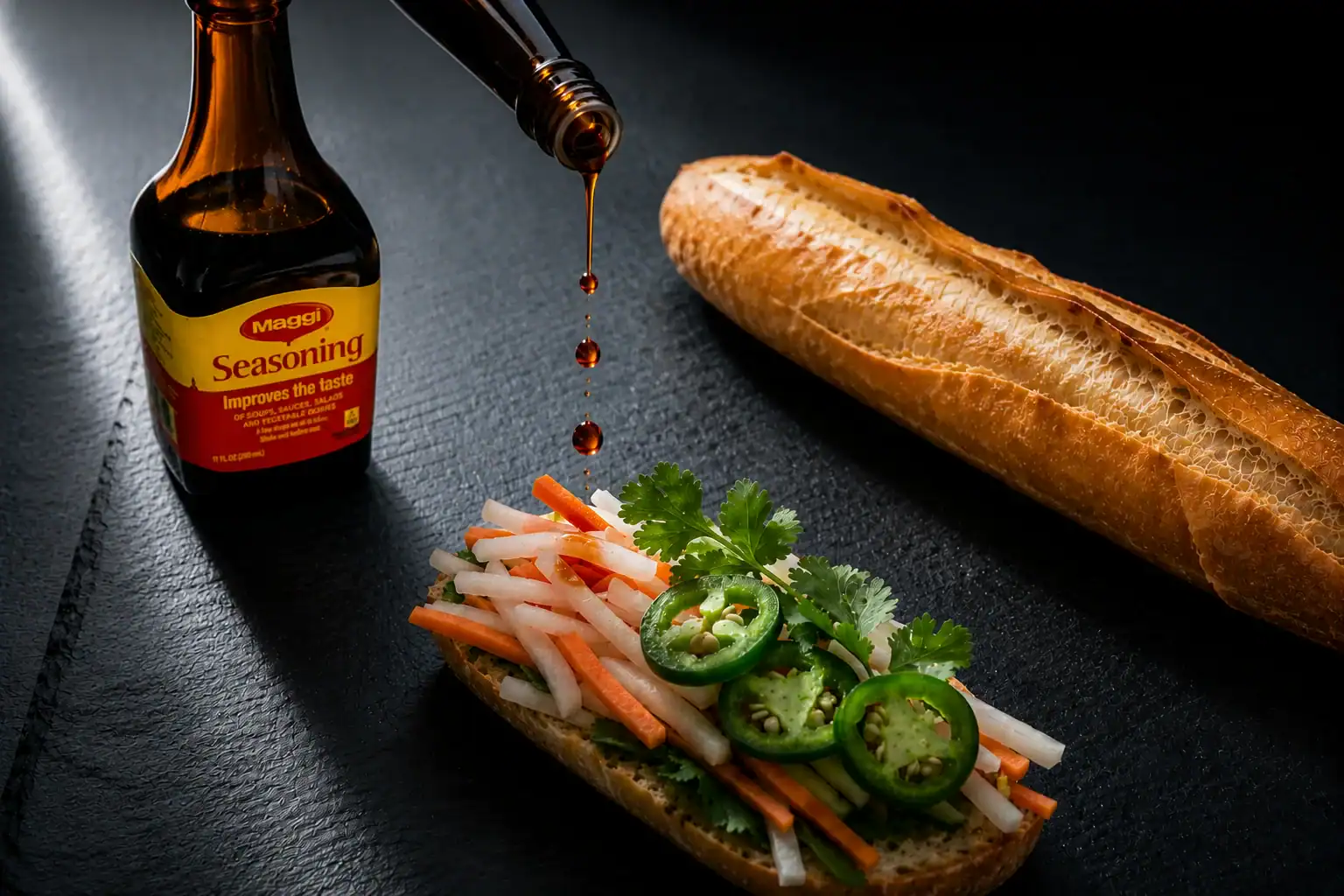 Maggi Seasoning Sauce being drizzled onto bánh mì filling with daikon carrot cilantro and jalapeño