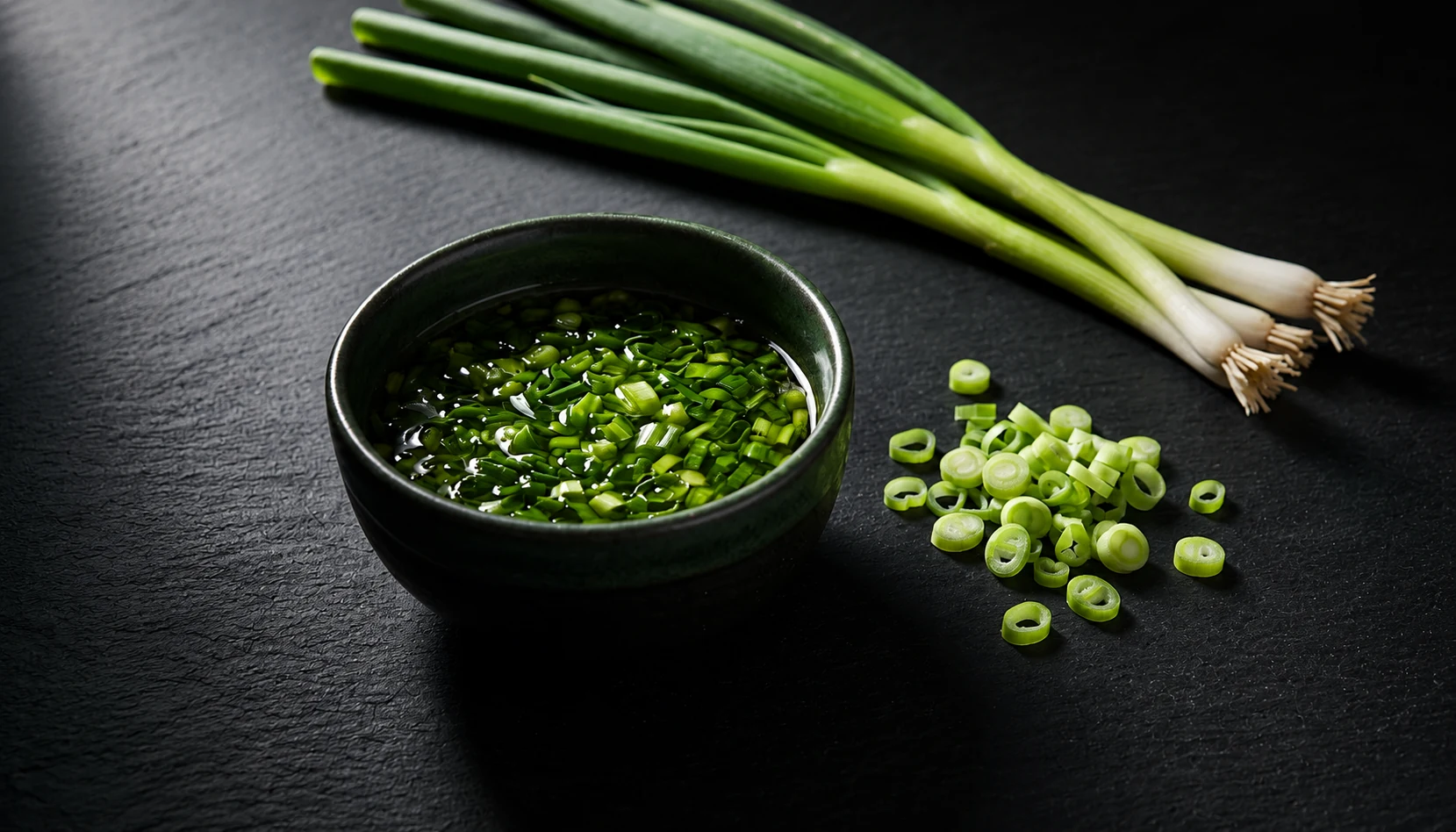 scallion oil banh mi (Vietnamese scallion oil mỡ hành) with fresh scallions on dark slate