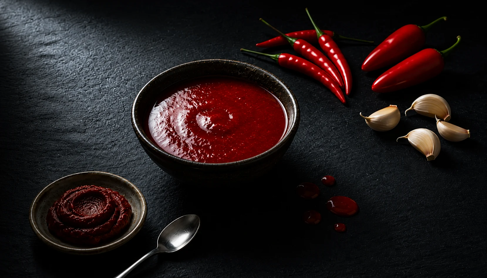 tuong ot vietnamese chili sauce (tương ớt) with fresh red chilies garlic and tomato paste on dark slate