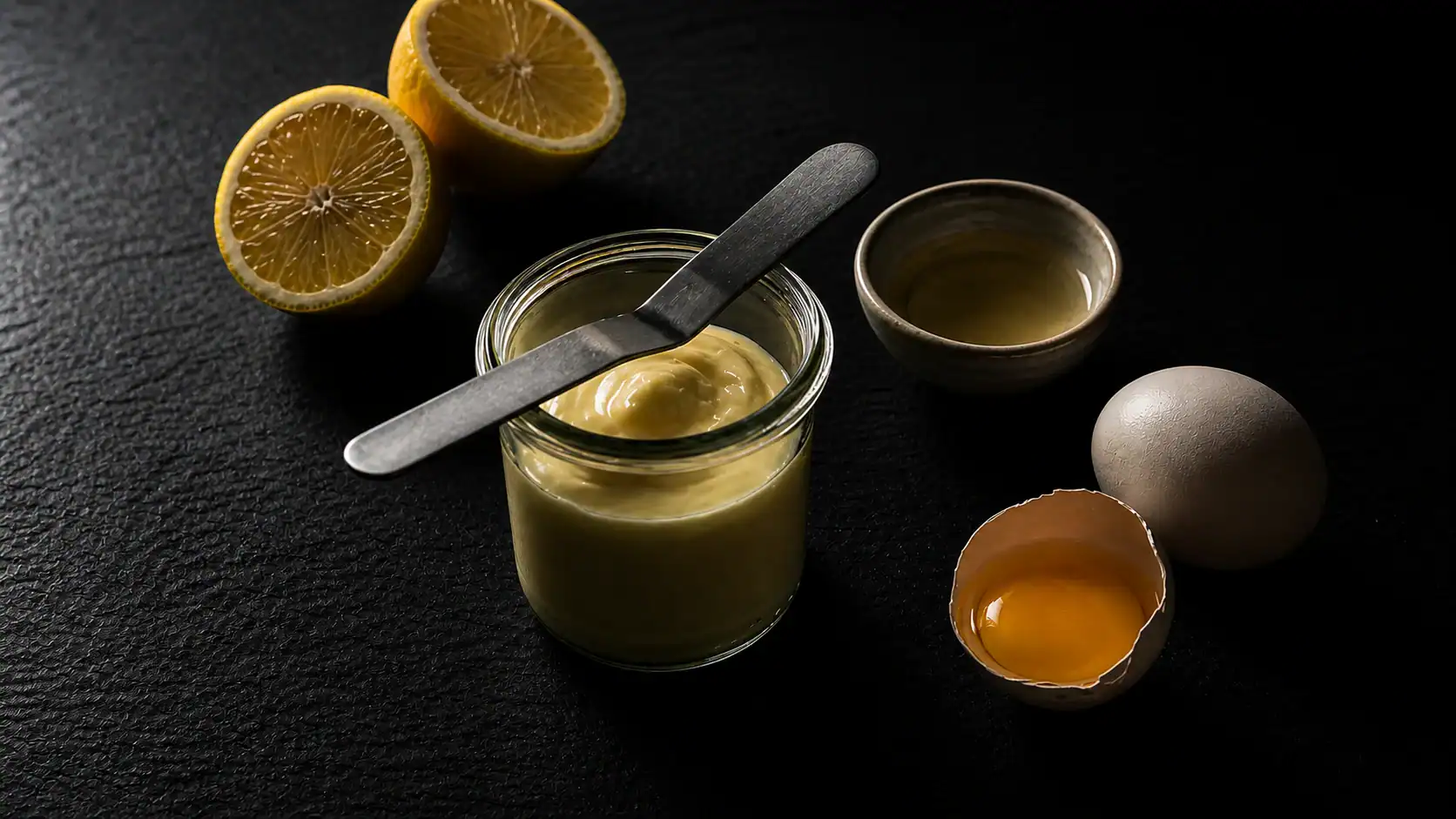 Homemade Vietnamese mayonnaise in a glass jar with eggs and lemon on dark slate.