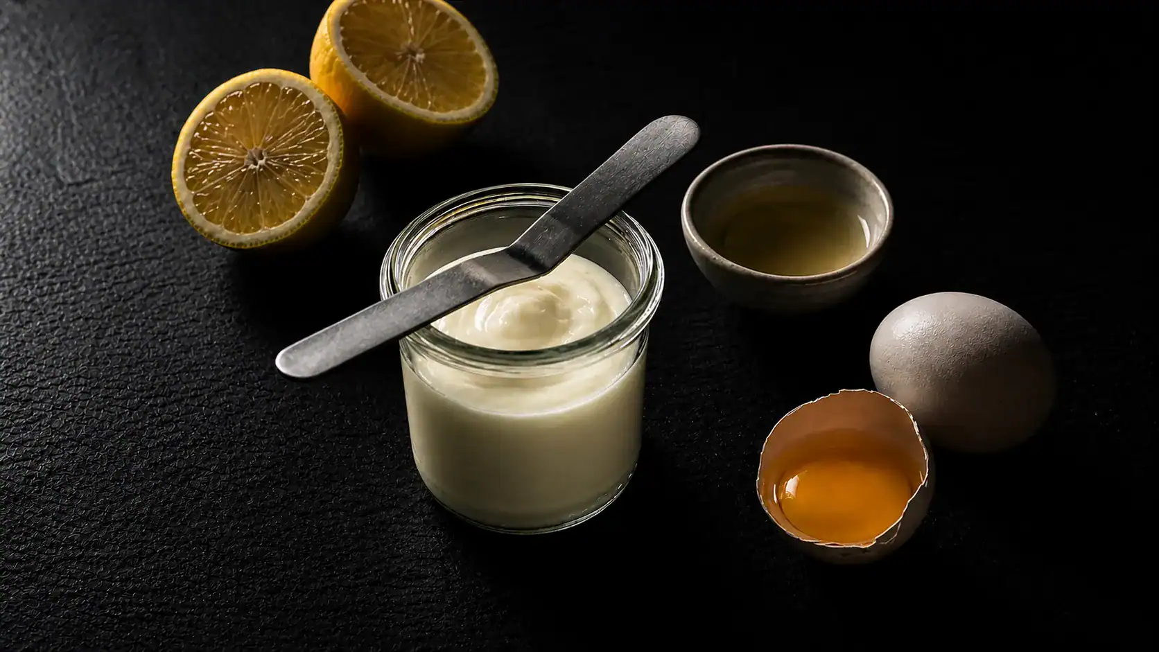 Homemade Vietnamese mayonnaise in a glass jar with eggs and lemon on dark slate