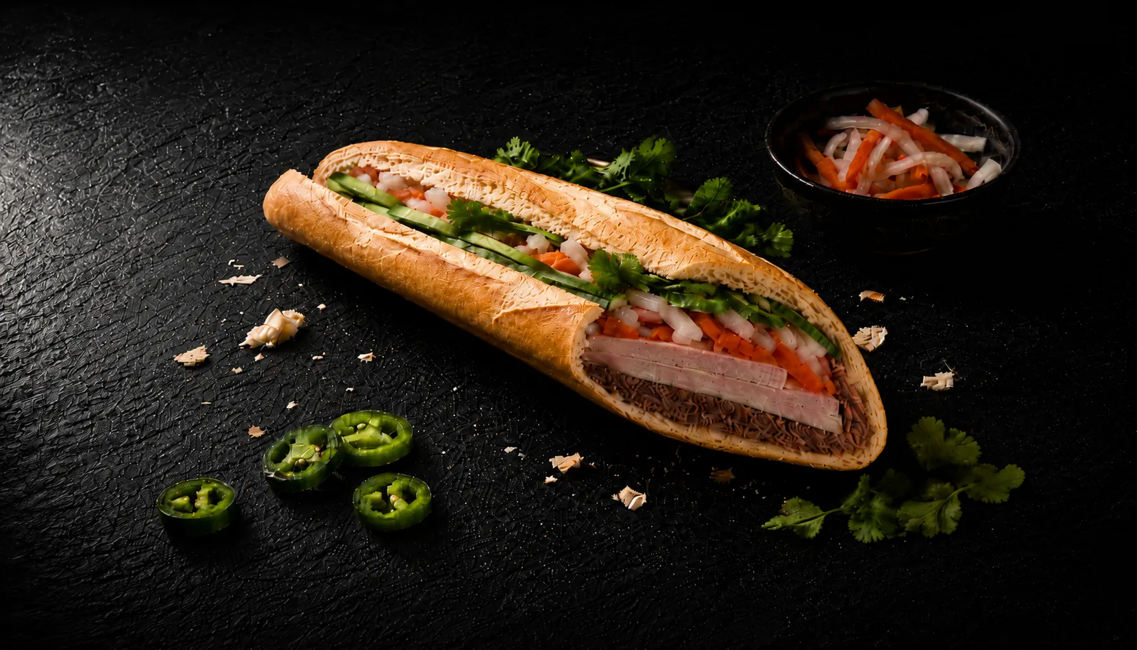 what does banh mi mean open Vietnamese baguette sandwich showing layers of chả lụa pickled daikon and carrot cilantro and jalapeño on dark slate