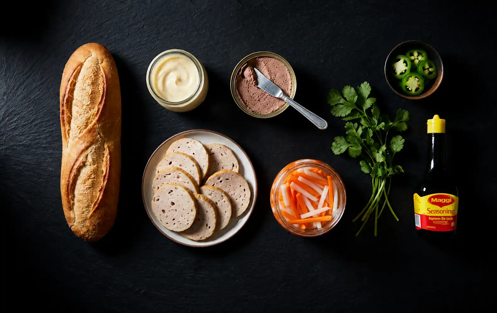 ánh mì ingredients laid out on dark slate including baguette, pâté, mayonnaise, chả lụa, pickled daikon and carrot, cilantro, jalapeño and Maggi sauce