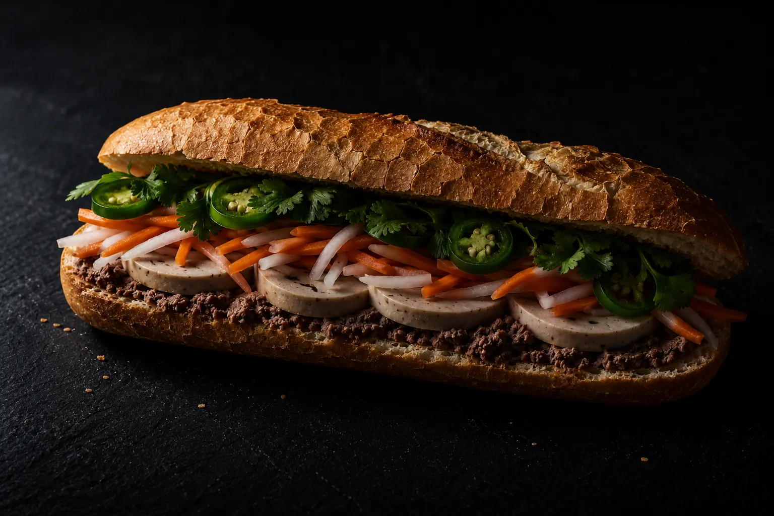 Bánh mì sandwich split open showing layers of filling on a dark slate surface