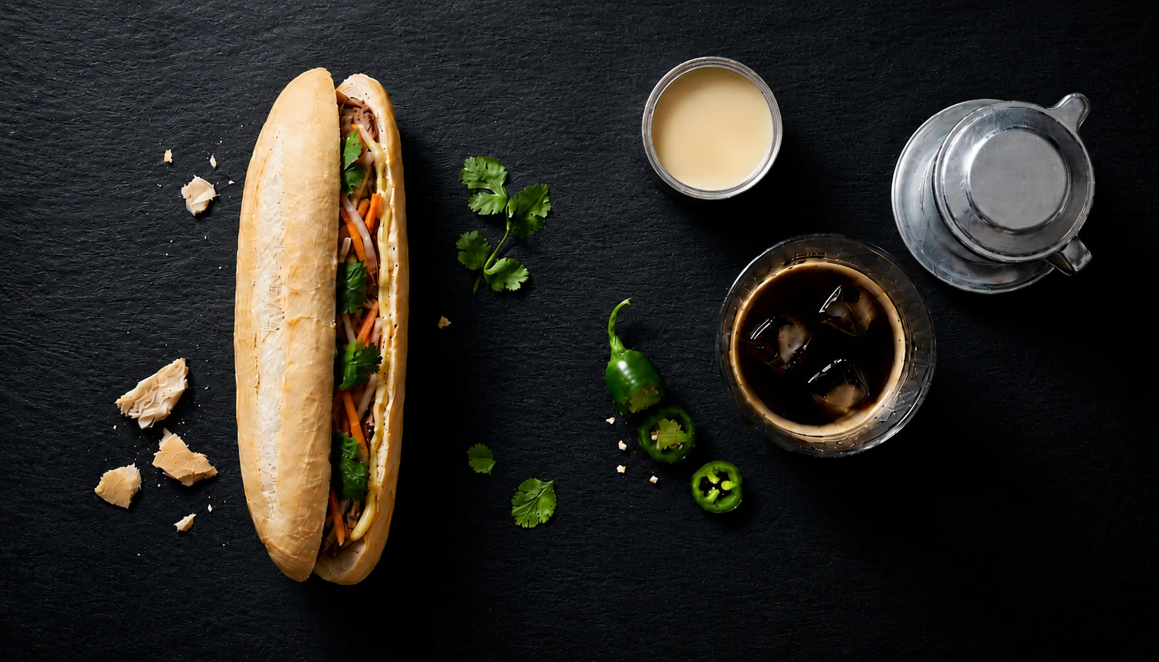 Overhead view of a Vietnamese bánh mì sandwich open on dark slate beside a glass of Vietnamese iced coffee with ice, an open condensed milk can, and a metal phin filter