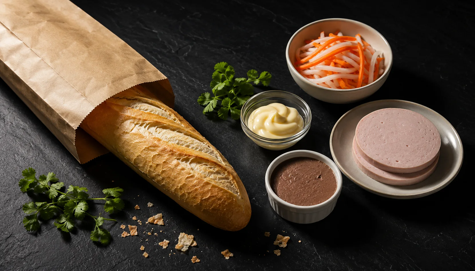how to store banh mi components separately Vietnamese baguette in paper bag with pâté mayonnaise pickled daikon chả lụa on dark slate
