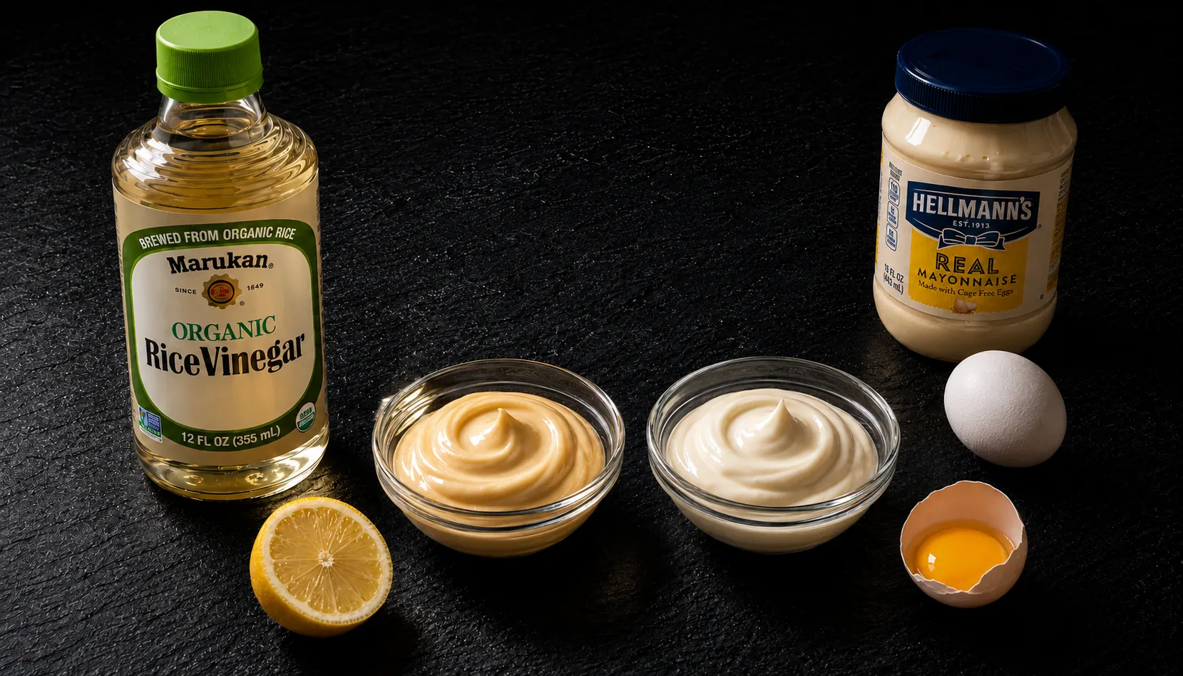 vietnamese mayonnaise vs regular mayonnaise two bowls showing color difference with Marukan rice vinegar Hellmann's jar lemon and egg on dark slate
