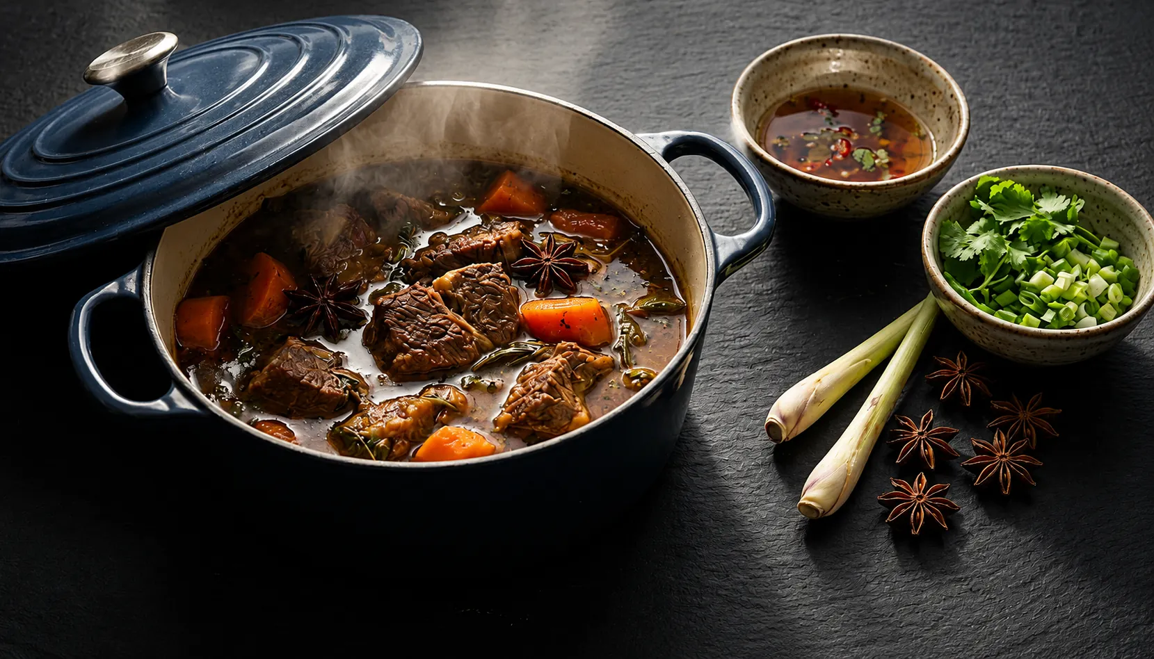 Enameled cast iron Dutch oven filled with Vietnamese beef stew on dark slate with star anise, lemongrass, a bowl of dipping sauce, and fresh cilantro and scallions