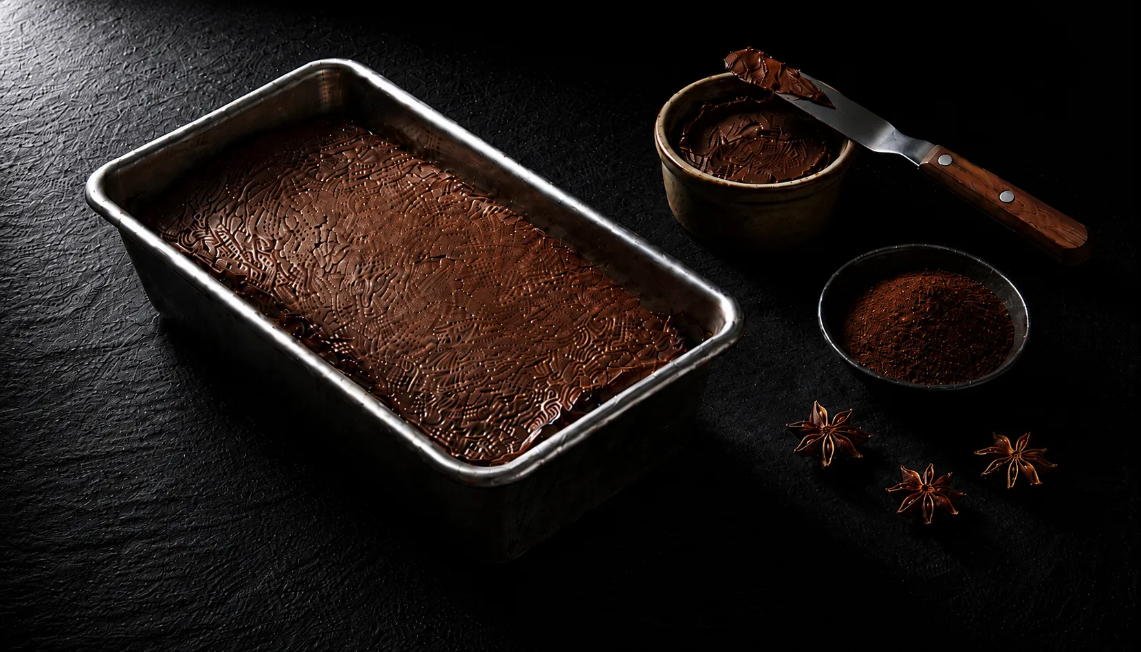 Aluminized steel loaf pan filled with pork liver pâté on dark slate with a ceramic ramekin of pâté, an offset spatula, a small bowl of five spice powder, and star anise