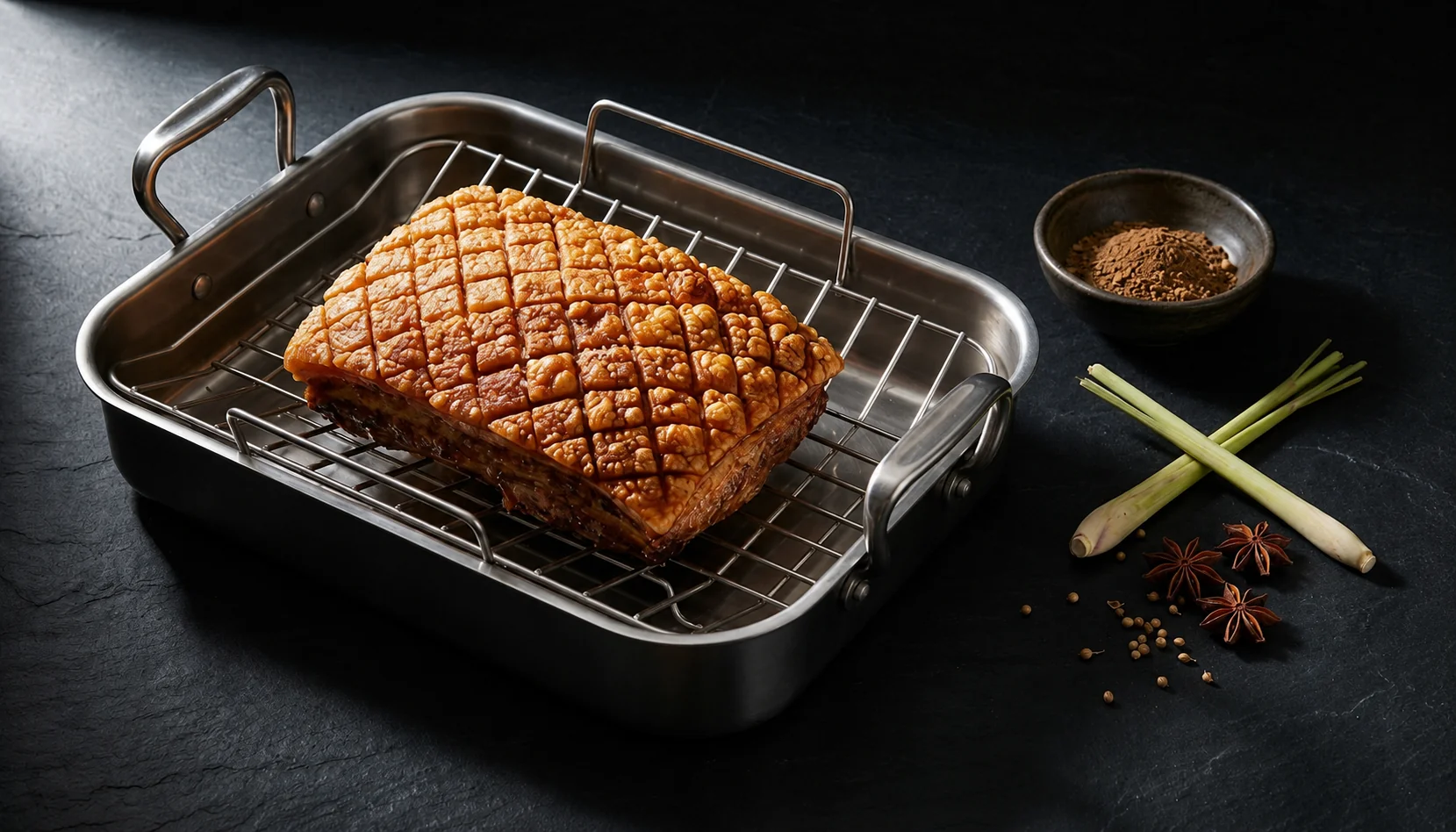 Stainless steel roasting pan with rack holding scored pork belly on dark slate with a bowl of five spice powder, lemongrass stalks, and star anise