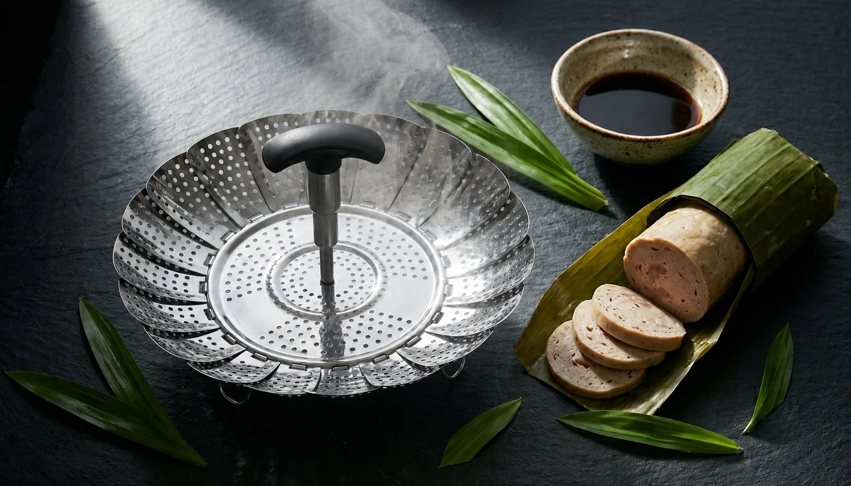 Stainless steel steamer basket with handle on dark slate with steam rising, sliced chả lụa in banana leaf, a bowl of dipping sauce, and pandan leaves