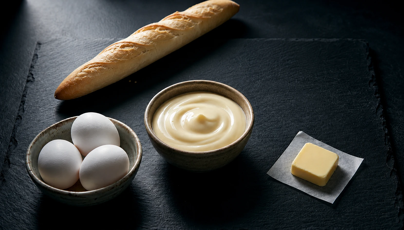 is banh mi dairy free bowl of Vietnamese mayonnaise eggs and butter on dark slate