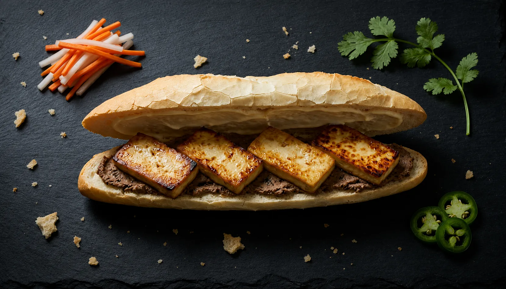 is banh mi vegan open faced Vietnamese baguette with mushroom pate and tofu on dark slate