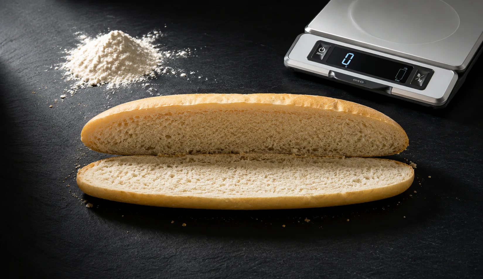 why is my banh mi bread too dense open baguette showing dense tight crumb with flour and kitchen scale on dark slate