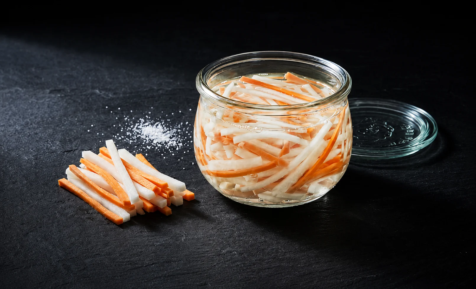 why did my pickled daikon and carrots go soft glass jar with julienned daikon and carrot in clear brine on dark slate